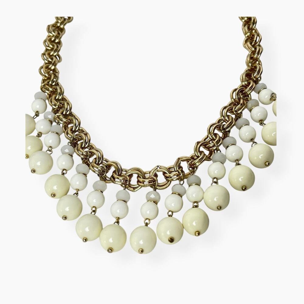 Ann Taylor Bib Necklace Dangle Ball Beads Tiered Cream White Gold Tone Statement